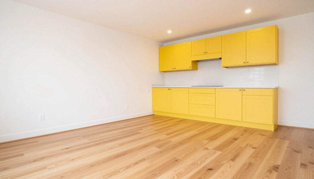 yellow kitchen cabinets with light oak hardwood flooring and white walls