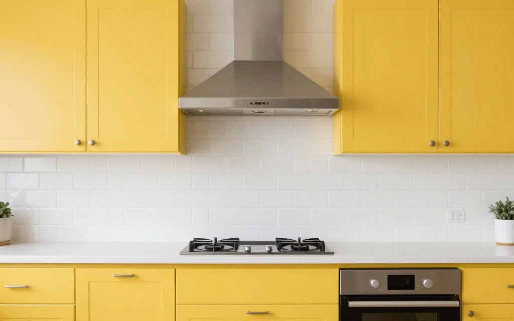 yellow kitchen cabinets with white subway tile backsplash and stainless steel appliances