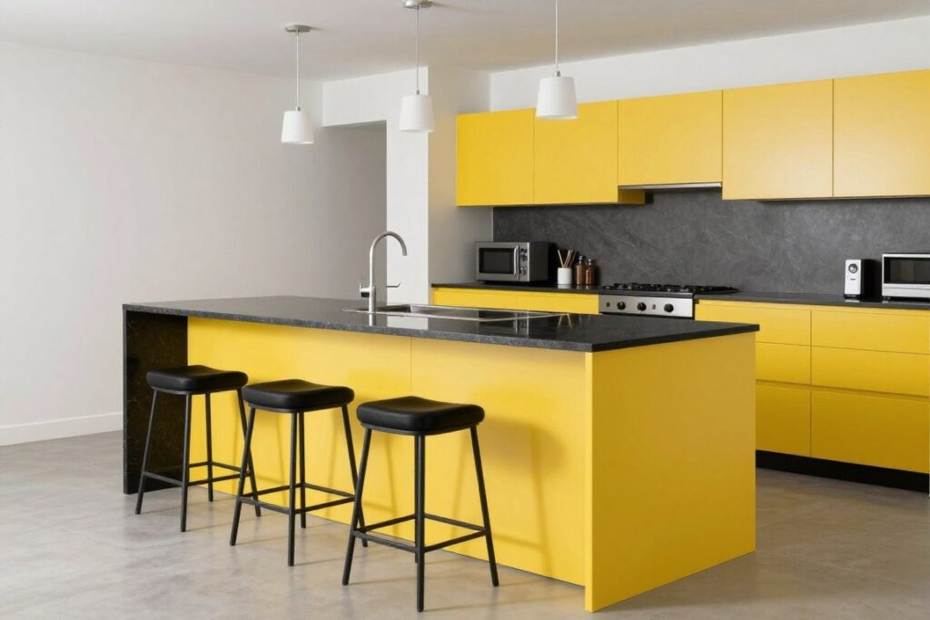 yellow kitchen island with dark granite countertop and seating