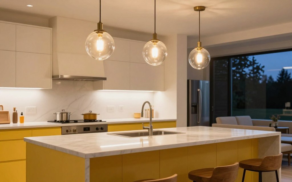 yellow kitchen island with three pendant lights overhead