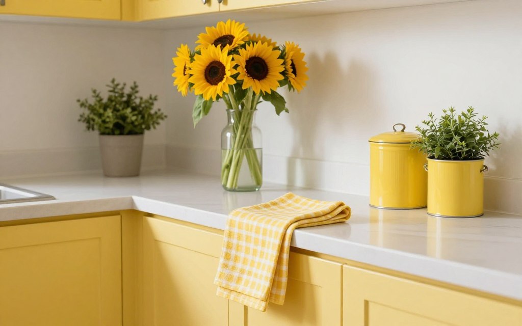 yellow kitchen with coordinating accessories and fresh flowers