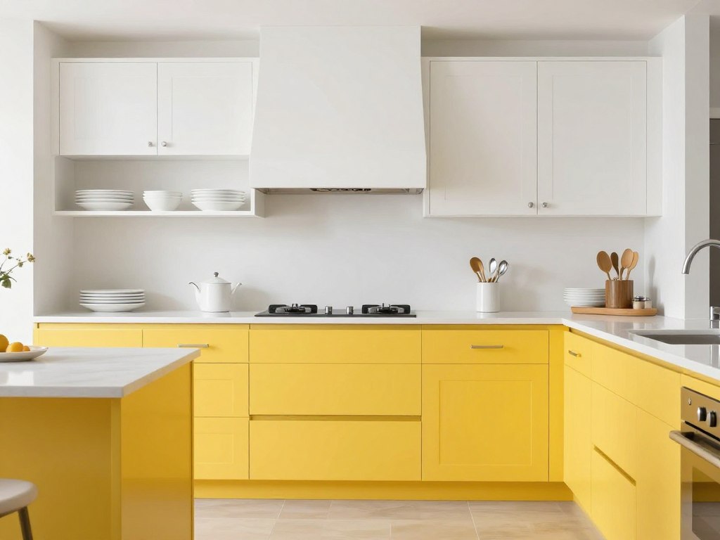 yellow lower cabinets with white upper cabinets in kitchen design