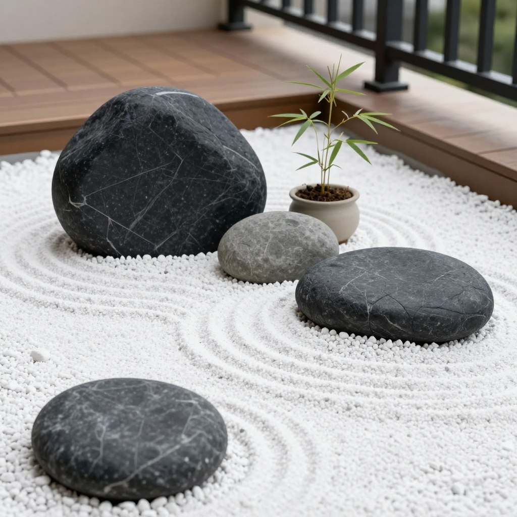 zen garden elements including rocks and bamboo on balcony